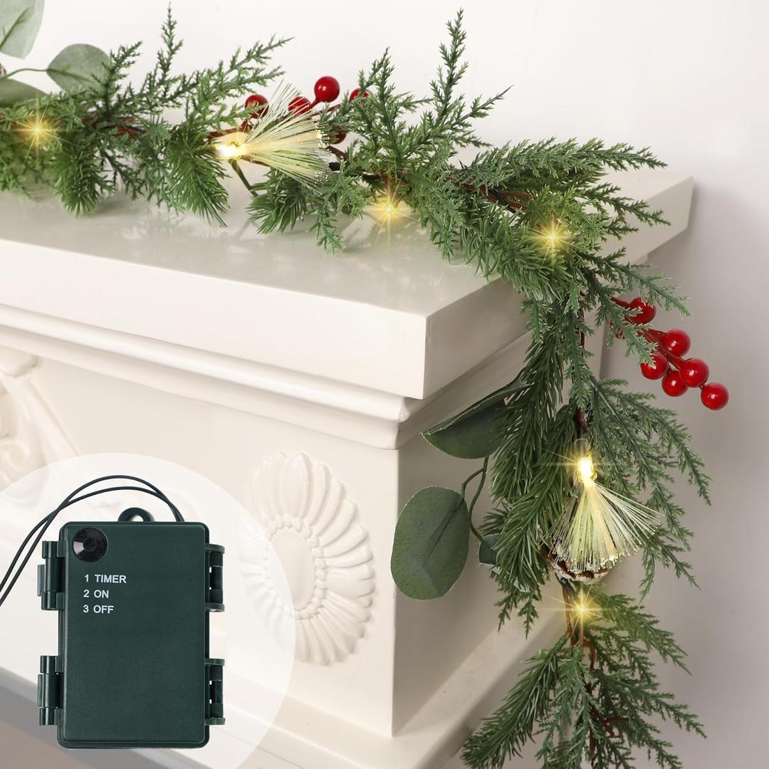 DR.DUDU Christmas Garland Decorations, 6FT Garlands with Lights Timer Indoor Decoration Pre-Lit Green Garland with Pine Cones Red Berry for Mantle Outdoor Fireplace Stairs Holiday Winter Decor