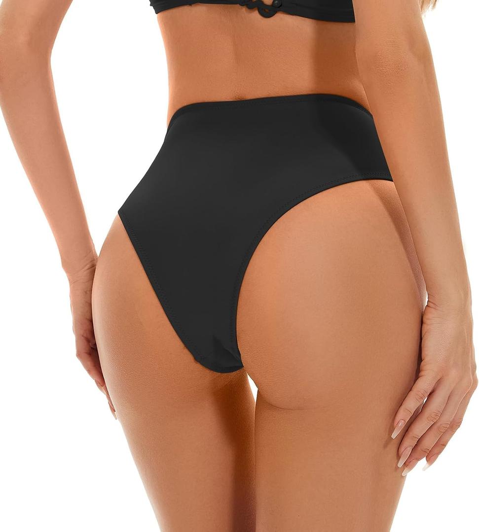 Kepblom Women's High Waisted Bikini Bottom - High Cut Cheeky Rave Bottoms for Beach, Swimming Pool,Rave Festivals (Large, Black)