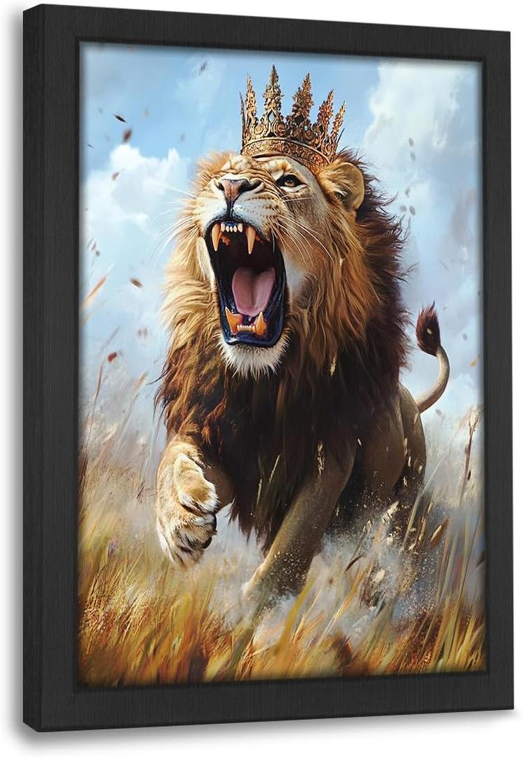 Lion Decor Wall Art Lion with Crown Pictures Canvas Print Painting Wildlife Animal Artwork Signs Decoration Gifts For Bathroom Living Room Bedroom Office Framed 8"X10"