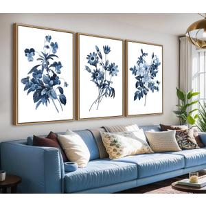 Large Framed Canvas Wall Art - Natural Float Framed Indigo Flowers Picturtes for Living Room Decor Retro Blue Floral Botanical Artwork Plants for Bedroom Kitchen Home Office Decor 72" X 36" Set of 3