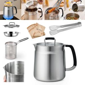 68oz 3-in-1 304 Stainless Steel Oil Filter Pot with Fine Mesh Oil Strainer & Tong, Heat-Resistant Handle, 2LCapacity Bacon Grease Container for Kitchen & Camping, Multi-Functional Frying Oil Container