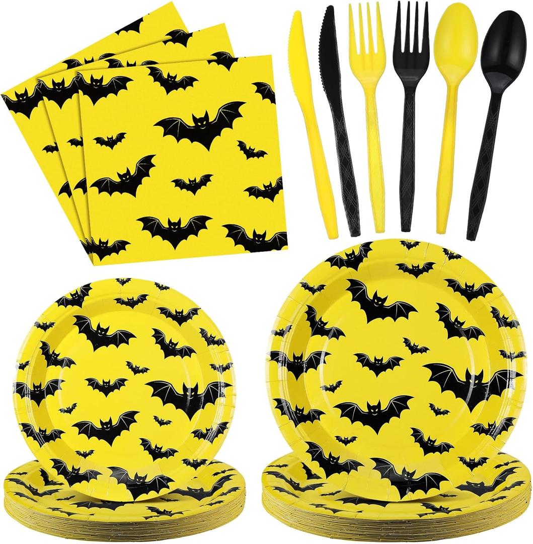 144 Pcs Bat Themed Party Supplies Hero Birthday Party Decorations Disposable Bat Tableware Set 48 Black Yellow Paper Plates 24 Napkins 24 Plastic Cutlery for 24 Guests Cartoon Birthday