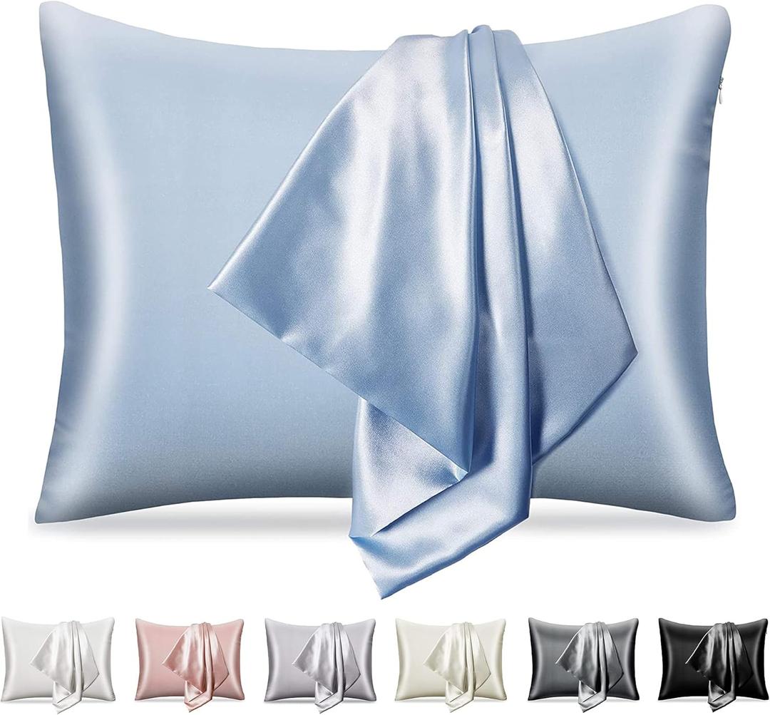 Satin Pillowcase for Hair and Skin, Luxury Smooth Satin Pillow Case with Hidden Zipper, Wrinkle, Fade Resistant, 1 Pack Soft and Breathable Standard Size Pillow Cover (Blue, 19" x 26")