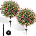 27.5" Artificial Boxwood Topiary Ball Trees with Colorful Flowers, Set of 2 Fake Bushes Shrubs with Ground Spike, UV Resistant Faux Evergreen Tree for Front Porch Outdoor Garden Decor