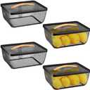 Tandefio 4 Pcs Metal Mesh Basket with Lid and Wooden Handle 9.65 x 7.68 Inch Wire Storage Basket Garden Baskets Organizer Containers for Vegetable Fruit Picnic Kitchen Bathroom (Black)