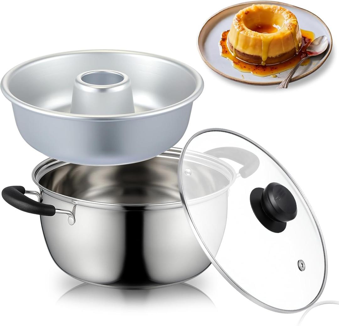 LemonRoad 2.7 Qt Thicken Stainless Steel Double Boiler with Aluminum Flan Inner Mold and Glass Lid for Making Ring Cake, Pudding, Melting Chocolate, Custards Baking Supplies (Silver)