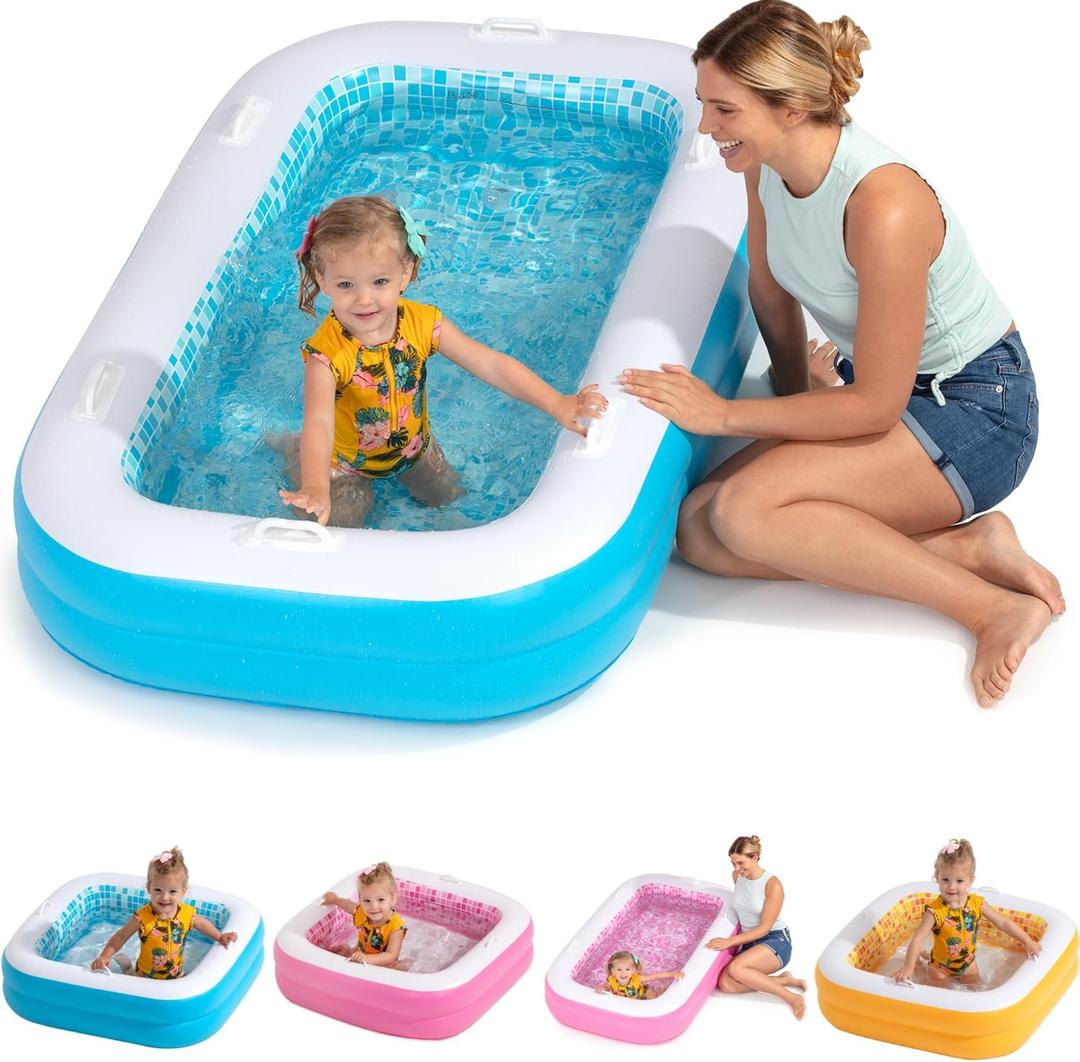 2-in-1 Inflatable Kiddie Pool, 65"x39"x10" (5'5") Soft Cushioned Floor, Handles, Drain, Shallow Rectangular Blowup Swimming Pool for Kids Age 2+ Toddler Ball Pit, Small Adult Backyard Tanning Pool (Summer Blue)