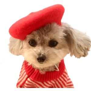 MuYaoPet Dog Cat Beret Wool Hat Headband French Artist Beanie Beret Hair Accessory Photo Props (Red, One Size)