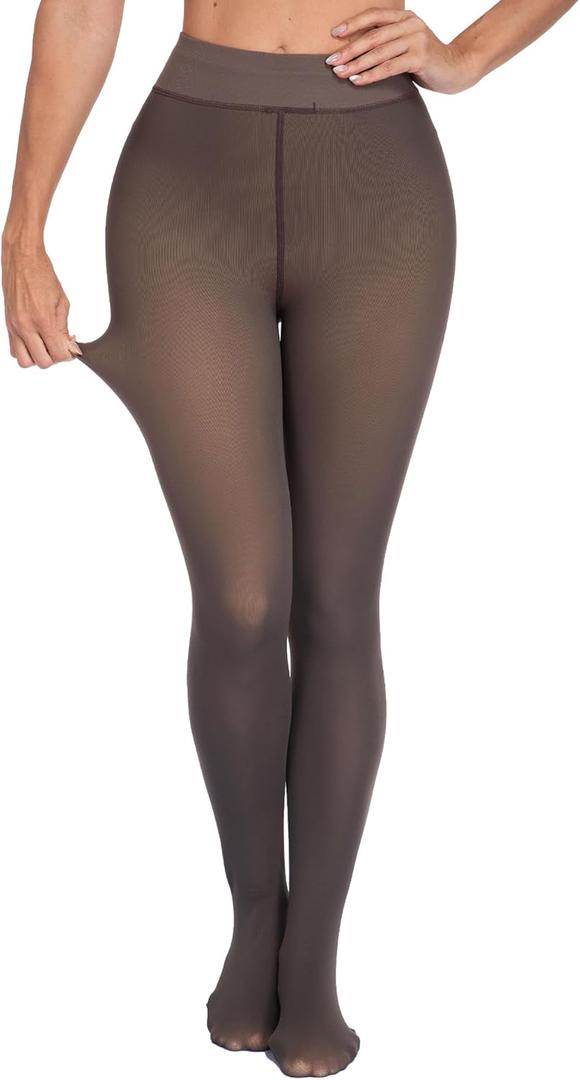 CHRLEISURE Women's Fleece Lined Tights - Fake Sheer Warm Pantyhose Thick Winter Leggings(T Skin-Dark Brown, XS/ S)
