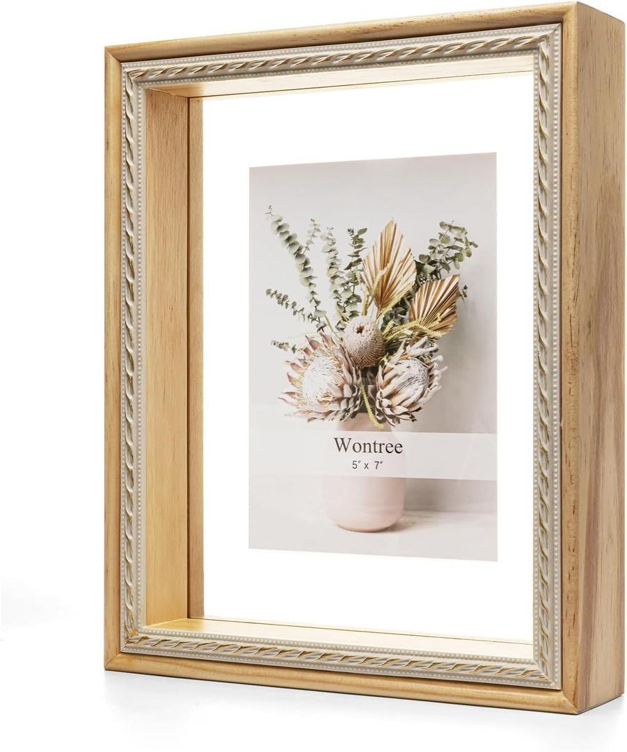 8x10 Floating Picture Frame, Solid Pine Wood with Double Sided Real Glass, Fit 5x7 or Display Any Size Photo up to 8x10, Wall Hanging or Tabletop Free-Standing, Natural
