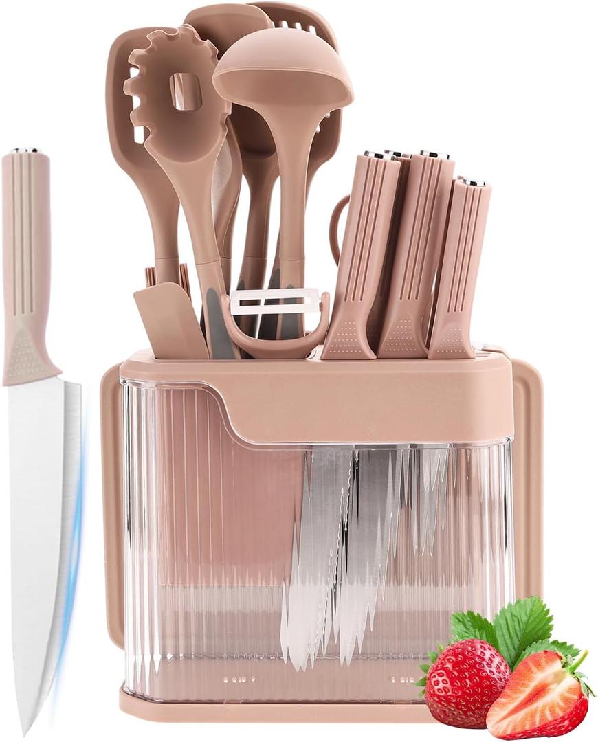 17 Pieces Kitchen Utensils Set and Knife Set with Acrylic Block, Silicone Utensils Set for Cooking, Sharp Stainless Steel Knife Block Set with Built-in Sharpener Dicing Chopping (Pink)