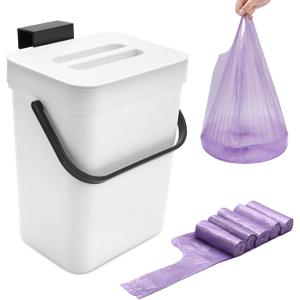 0.8 Gallon/3L Compost Bin Kitchen, Comes 5 Rolls of Handle Trash Bags, for Use on Countertops or Under Sinks, Countertop Compost Bin with Lid, for Cupboard/Bathroom/Bedroom/Office(White)