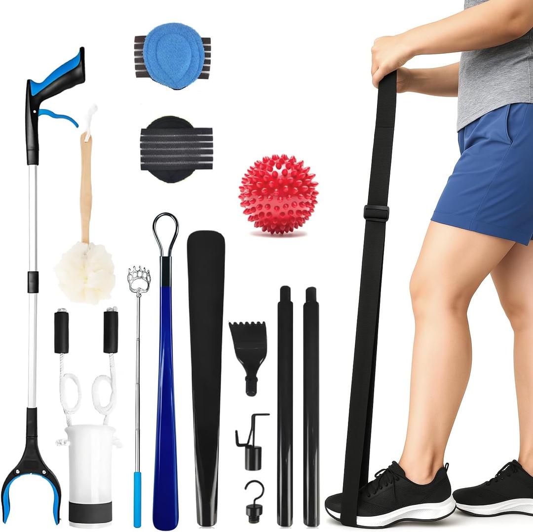 10 Piece Hip Kit for Seniors  Recovery Kit with Reacher Grabber, Sock Helper, Dressing Stick, Shoehorn, Loofah, Back Scratcher, Leg Lifter and Massage Ball  Ideal for Hip or Knee Surgery Recovery