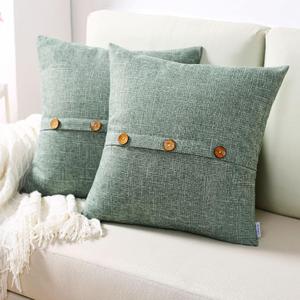 FUTEI Sage Green Linen Decorative Throw Pillow Covers 16x16 Inch Set of 2, Square Cushion Case with Vintage Button/Zipper, Modern Farmhouse Home Decor for Couch, Bed (16" x 16" (Pack of 2), Sage Green)