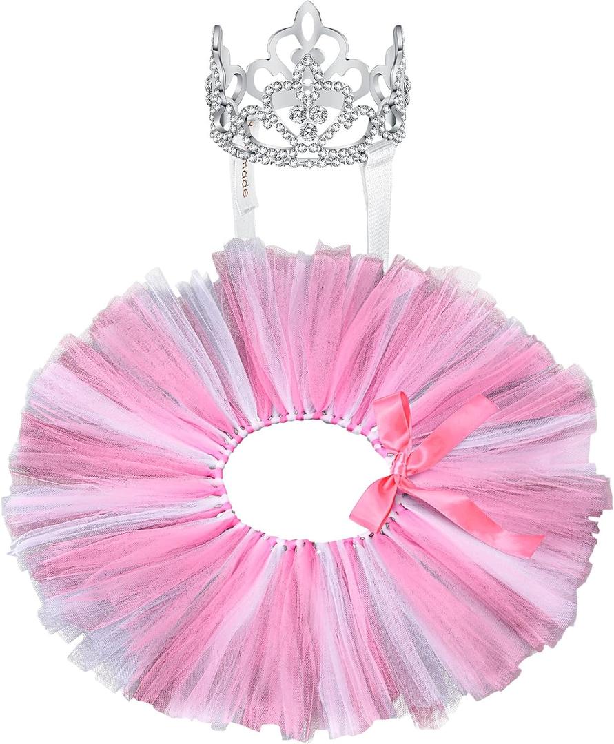 2 Pcs Dog Crown Headband Dog Tutu Dress Set Crystal Rhinestone Tiara Crown Tutu Skirt Pet Dress Costume for Puppy Birthday Party Wedding Photo Prop Costume(Large,Rose Red, White)