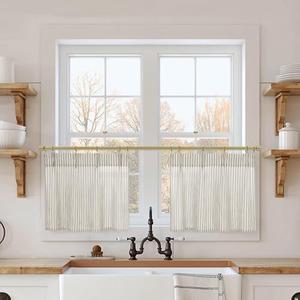 15 Inch Curtains Length,Cafe Striped Linen Farmhouse Sheer Small Window Curtains for Kitchen Bathroom,24 x 15 Inch Long 2 Panels Set