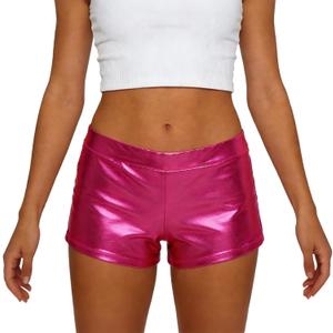 Women's Shiny Metallic Rave Booty Shorts Hot Pants Dance Bottom (Pink, L)