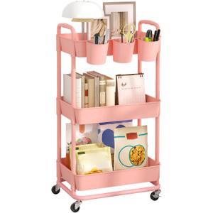 JIUYOTREE 3-Tier Plastic Rolling Storage Cart Utility Cart with Extra Hanging Cups Handles Lockable Wheels for Living Room Bathroom Kitchen Office Pink