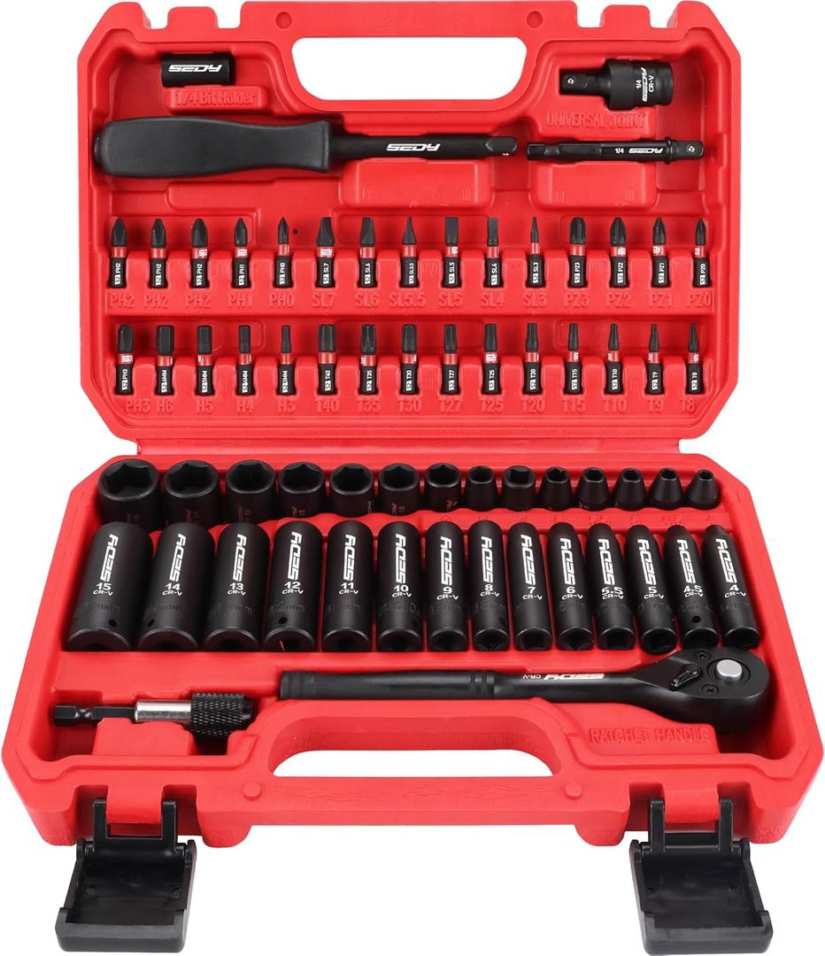 64-Piece 1/4" Drive Impact Socket Wrench Driver-Bits Set, Cr-V Metric(4-15mm) Deep&Shallow Socket Set, S2 Power Bits with Quick-Release Ratchet Handle, Universal Joint, Bit Holder, Power Drill Adapter