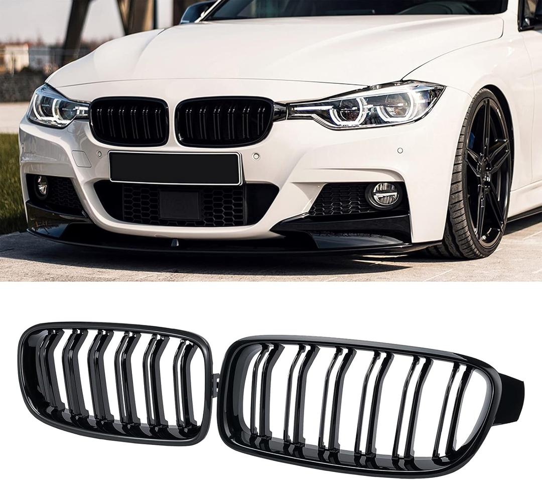 ABS F30 Grill, Front Kidney Grille for 2012-2018 BMW 3 Series F30 F31 (Double Slats Gloss Black Grills, 2pcs)
