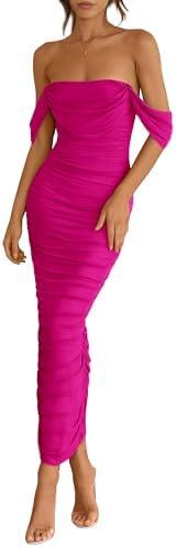 PRETTYGARDEN Womens 2025 Summer Off The Shoulder Dress Ruched Bodycon Sleeveless Split Cocktail Party Maxi Dresses, (XXL)