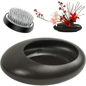 Flower Frog Vase Kit, Ikebana Floral Arrangement Ceramic Water Drop Pot Flower Arrangement Vase Kit (Dark Brown Large Size)