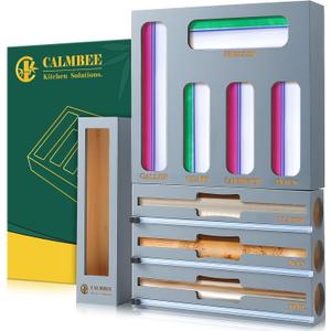 Calmbee 9 in 1 Bamboo Storage Bag Organizer for Kitchen Drawer – Plastic Wrap Dispenser with Cutter & Foil Organizer, Wooden Baggie Organizer for Sandwich, Snack, Gallon, Quart Sizes, Grey