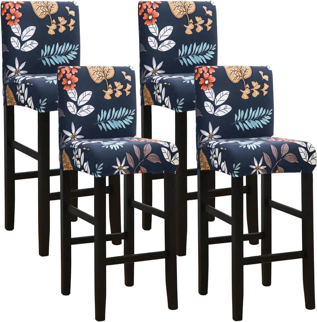 SPRINGRICO Bar Stool Covers Set of 4, Stretch Washable Barstool Seat Covers with Backs, Removable Counter Height Chair Covers for Kitchen Dining Room Cafe (Garden Wind, 4PCS)