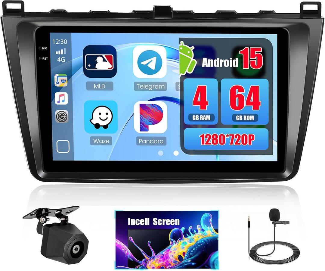 4+64GB Android 15 for 2007-2012 Mazda6 Car Radio Wireless Carplay Android Auto, Stereo with 9" in-Cell Touch Screen WiFi Bluetooth5.0 GPS FM/RDS SWC EQ + Backup Camera MIC