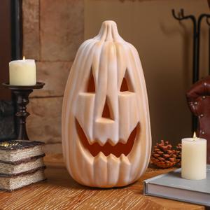 13.4 Inch Faux Terracotta Pumpkin Decoration Large Plastic Jack O' Lantern Reusable Carved Pumpkin Lantern for Thanksgiving Halloween Fall Indoor Outdoor Decor Party Centerpiece