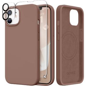 GONEZ Magnetic for iPhone 12 Case / 12 Pro Case, Compatible with MagSafe, [Screen Protector + Camera Lens Protector], Silicone Shockproof Anti-Scratch Protective Phone Case 6.1 inch, Brown