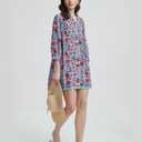 YEXPINE Women's Floral Print Cover Up Boho Tassel Tie Neck 3/4 Sleeve Casual Beach Summer Vacation Mini Dress