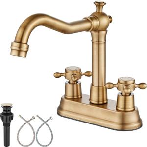 Aolemi 4 Inch Centerset Bathroom Sink Faucet Vintage 2 Cross Handles RV Mixer Tap Basin Vanity Lavatory Utility for Sink 3 Hole Include Water Hose Pop Up Drain with Metal Cover Antique Brass