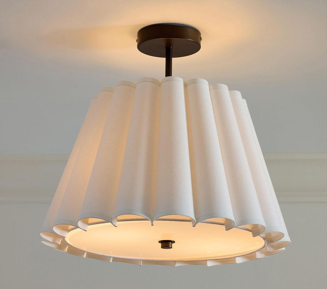 16" Flared Linen White Semi Flush Mount Ceiling Light, Pleated Ceiling Light Fixture with Neutral Fabric Shade and Black Brass Base for Kids' Room, Bedroom, Hallways, Nursery and Living Room