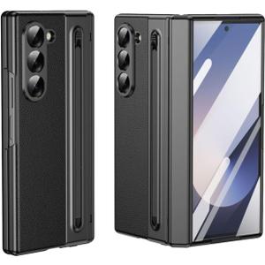 for Samsung Galaxy Z Fold 6 Case with Built-in Compact Writing Pen,Leather Texture,Hinge Protection Wireless Charging,Slim S Pen Phone Case Black 23-Z Fold6-04
