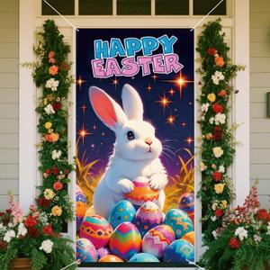 Easter Door Cover,Easter Door Decorations Bunny Egg Rabbit Hanging Banner Decor Farmhouse Holiday Decor Spring Party Decoration for Front Wall Backdrop Indoor Outdoor 71 x 35 Inch (Starry Sky Blue)