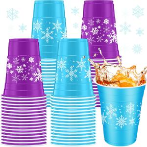 60 Pieces Snowflakes Frozen Plastic Cups 16oz Disposable Winter Snowflake Beverage Drinking Cups for Birthday Baby Shower Holiday Coffee Beer Party Favors(Blue, Purple)