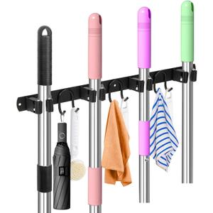 Mop Broom Holder Wall Mount, Black Stainless Steel Tool Storage Organizer for Kitchen Garden Garage Laundry Room Bathroom and RV with 4 Slots 6 Hooks (Black-1 Pack)