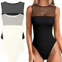 OQQ Women 2 Piece Bodysuit Mesh Ruched Sleeveless Turtle Neck Shapewear Body Suits One Piece Leotard Shirt Going Out Tops M