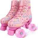 jessie Girl Roller Skates for Kid, PU Leather Flash Rainbow Adjustable Roller Skates Girls Ages 5-12 Four-Wheel Beginner Adult Indoor Outdoor (pink)