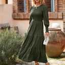 PRETTYGARDEN Women 2026 Spring Puff Long Sleeve Crewneck Smocked Maxi Dress Empire Waist Tiered A-line Swing Flowy Long Dress (L)