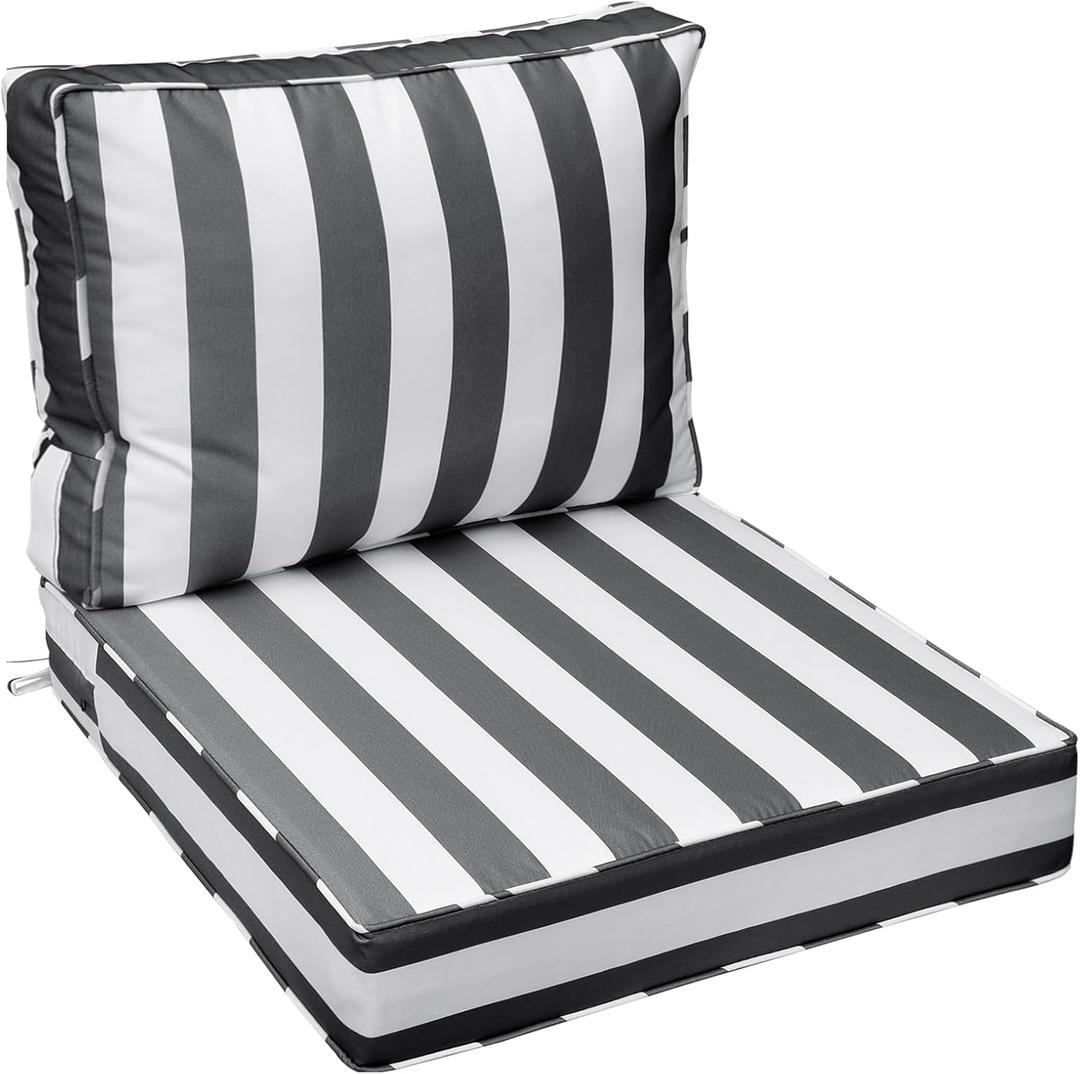 AAAAAcessories Outdoor Deep Seat Cushions with Double Welted Pillow, Waterproof, Fade-Resistant Patio Furniture Replacement Cushions, 24" x 24" x 5" + 24" x 19", Gray Cabana Stripe