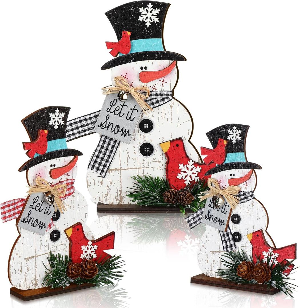 Cinnvoice 3 Pcs Wooden Snowman Table Decor Vintage Snowman Tabletop Centerpieces Vintage Winter Block Sign with Red Cardinal Let It Snow Pinecones Pine Decor for Winter Tiered Tray Home Shelf Gifts