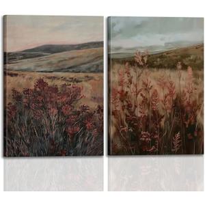 Vintage Framed Canvas Wall Art Farmhouse Landscape Wall Decor Moody Art Prints Home Decorations Maroon Wildflower Scenery Paintings for Living Room Bedroom Office Decor 12x16in Ready to Hang (Retro Field)