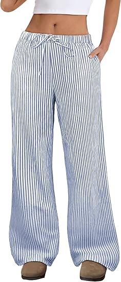 ANRABESS Women's Striped Gingham Pants 2025 Fall Pajama Lounge Boxer Pants Casual Wide Leg Drawstring PJ Bottoms Trousers XL