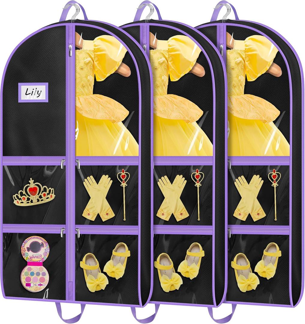 MISSLO Dance Garment Bags for Dancers with 4 Pockets Garment Bags for Dance Costumes 40" Cheer Uniform Garment Bag Hanging Kids Garment Bag for Recital, Competition, Travel, Storage, 3 Packs