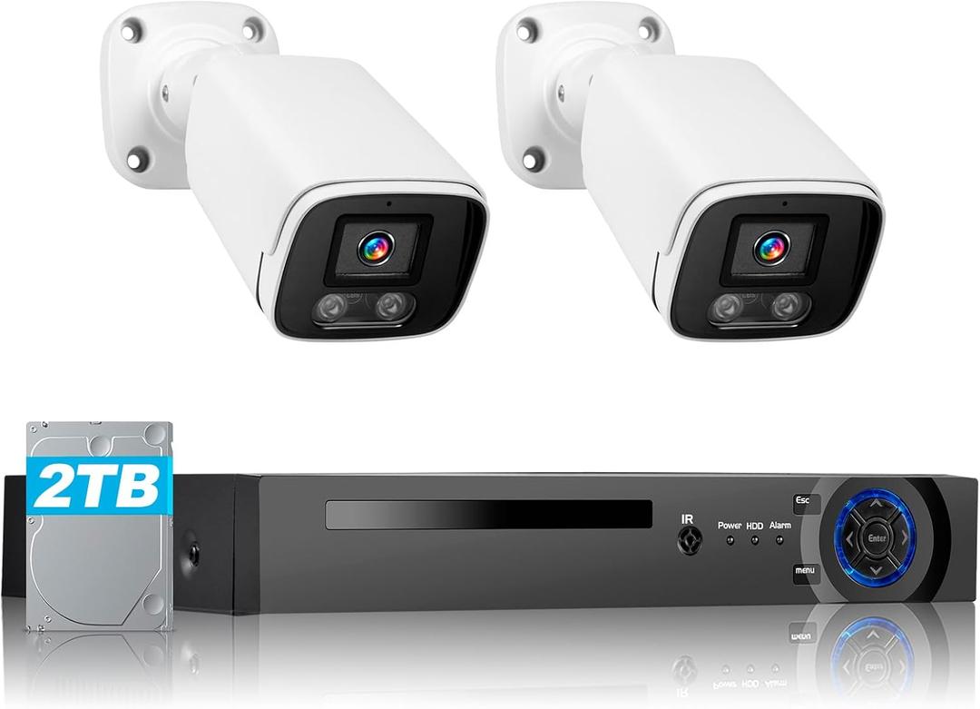 PoE Security Camera System, 8CH H.265+ 3K Lite Wired Security Camera System with 2 x 4MP CCTV IP66 Cameras with Night Vision for Outdoor Use, 2 TB Hard Drive, Remote Access