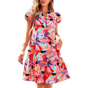 dowerme Womens Summer Dresses 2026 Puffy Sleeve V Neck Loose Floral Print A Line Boho Mini Babydoll Dress with Pockets
