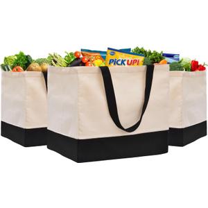 3 Pack Canvas Reusable Grocery Bags Heavy Duty, 8.3 gal Foldable Large Canvas Tote Bag with Handles, Holds 60 lbs Canvas Shopping Bags & Washable Eco-friendly Bags with 5 Pockets, Off white Black
