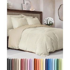 Duvet Cover Full Size Set - Extra Soft Full Duvet Cover 80" x 90" with 2 Pillow Shams - Hotel Luxury, Easy Care & Fade Free with Zipper Closures and Ties - Comfy, Cozy and Breathable (Beige Stripes)